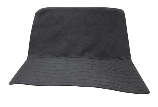 A breathable poly twill bucket hat in dark grey with a wide brim and a simple design. Features a logo.