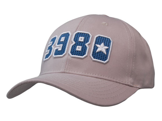 A beige cap with blue mesh detailing and a logo. The design features a number and star embellishment.