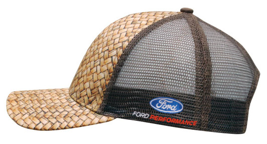 A mesh-back cap featuring a woven pattern in tan and brown colours, with a branding logo on the back.