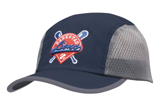 A navy cap featuring a mesh back and a colourful logo on the front. Designed for comfort and breathability.