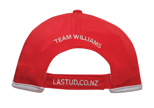 A red cap with white trim and an adjustable back. It features two embroidered text elements.