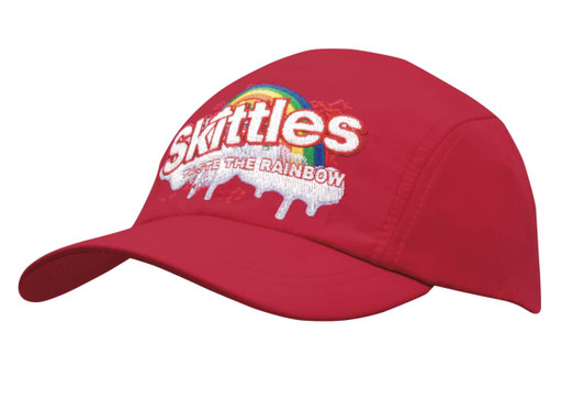 A red cap with an embroidered logo and a rainbow design, featuring a logo on the front.