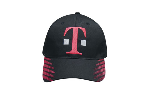 A black cap with a pink logo and striped accents, featuring a breathable poly twill material.