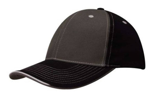 A two-tone cap featuring contrasting stitching, primarily in grey and black, with an open lip sandwich design and a logo.