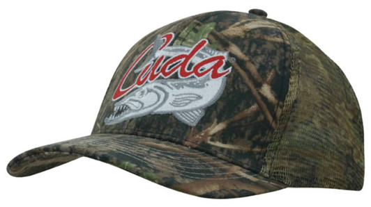 A camouflage cap in shades of green and brown with a mesh back and a logo on the front.