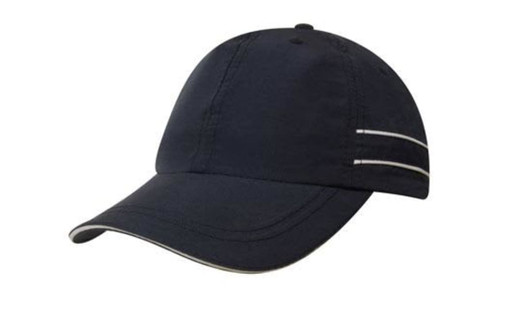 A black microfibre sports cap with white piping detail and a sandwich peak. Features a logo on the side.