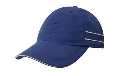 A navy blue microfibre sports cap featuring piping and a sandwich peak. It includes a logo on the side.