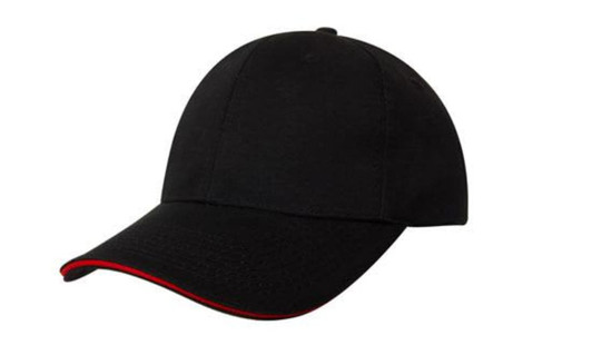 A black cap with a red sandwich trim and a logo on the front.