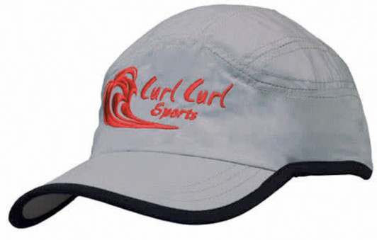 A grey microfibre sports cap with a black trim on the edge of the crown and peak, featuring a logo.