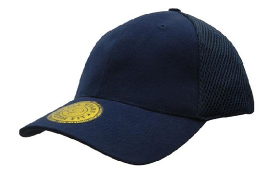 A navy blue cap with mesh panels and a round yellow logo on the front.