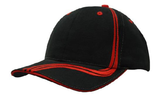 A black cap with waving red stripes on the crown and peak, featuring contrasting stitching and a logo.