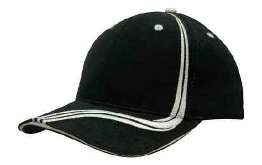A black cap featuring waving white stripes on the crown and peak, with a logo on the side.