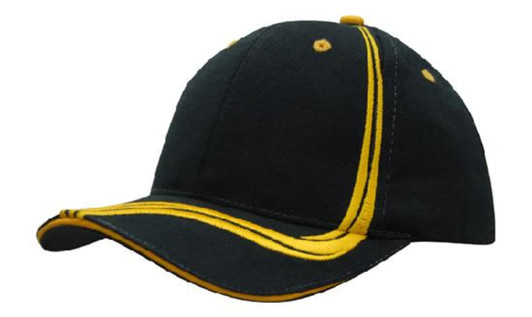 A dark green cap with yellow waving stripes on the crown and peak, featuring a logo on the front.