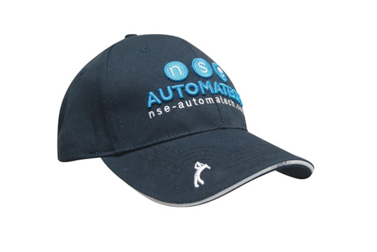 A dark blue Chino Twill golf cap with peak embroidery and a logo on the front.