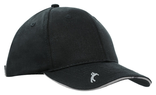 A black Chino Twill Golf Cap featuring peak embroidery and a logo on the side.