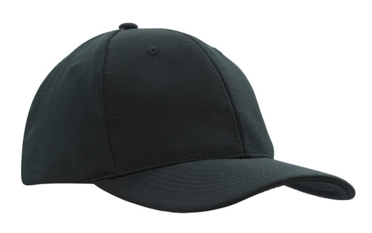 A black cap with a curved brim, featuring a textured twill fabric and a logo on the front.