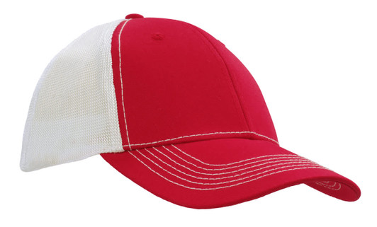 A red cap with a hi-tech mesh back, featuring contrasting white panels and visible stitching details.