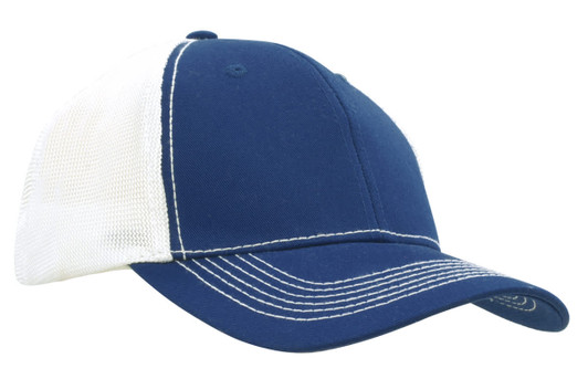 A blue cap with a white mesh back and contrasting stitching, featuring a logo on the front.