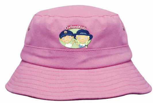 A pink infants bucket hat featuring a logo and playful graphics, designed for sun protection.