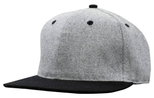 A grey marle flannel cap with a black brim and a snap back, featuring a logo on the front.
