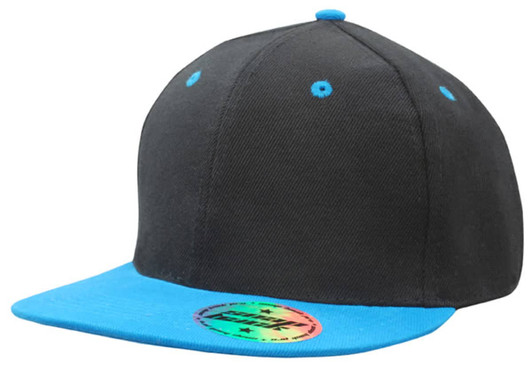 A black cap with a blue peak and accent, featuring a logo on the underside of the peak.