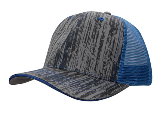 A cap featuring a wood print design with a grey and black front and a blue mesh back. It has a branded logo.