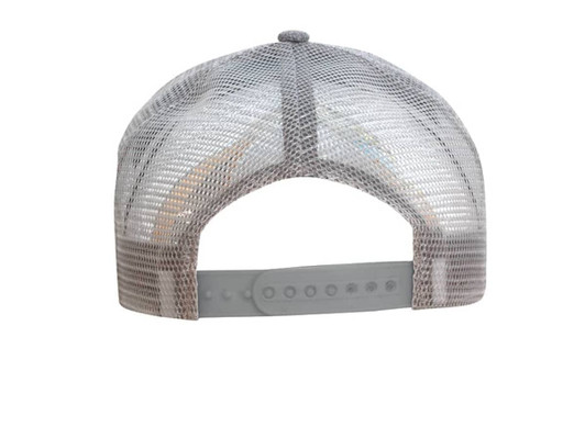 A grey A-frame cap with a mesh back and an adjustable strap. Features a logo on the front.