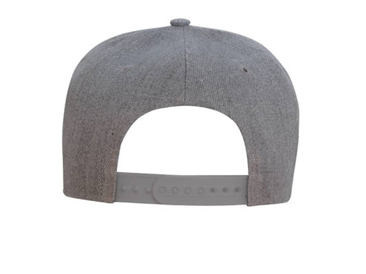 A grey flat peak cap featuring a snapback closure and a branded logo on the back.