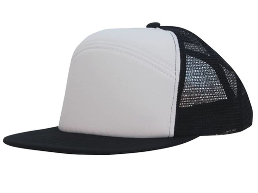 A foam front A-frame cap in white and black, featuring a mesh back and a branded logo.