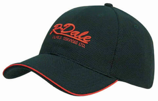 A dark green cap with a red trim and a logo on the front, featuring a mesh design and a curved peak.