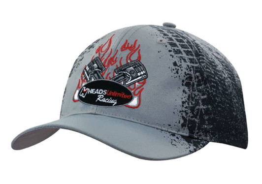 A grey cap featuring a tyre print design and pistons with flames, complete with a branding logo.