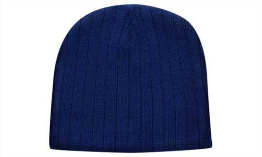 A navy blue cable knit beanie featuring a ribbed texture and a rounded top. The beanie has a logo on it.