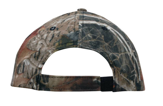 A camouflage cap featuring a mix of browns and greens, with an adjustable back strap and a logo.