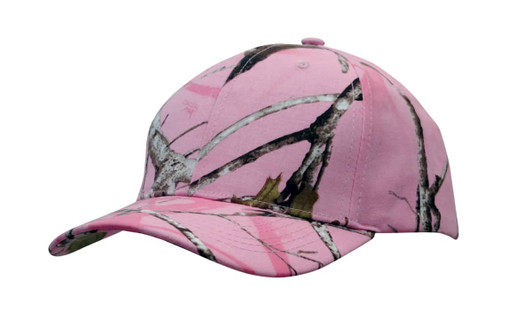 A pink camouflage 6-panel cap with a logo, featuring branches and natural tones throughout.