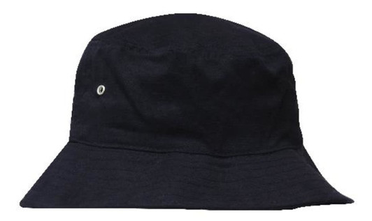 A black Brushed Sports Twill Bucket Hat with a reflective eyelet, featuring a wide brim for sun protection.