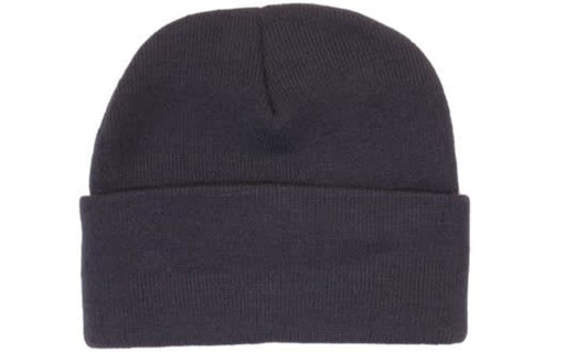 A black acrylic beanie with a folded cuff and a seamless top. It features a small logo on the side.