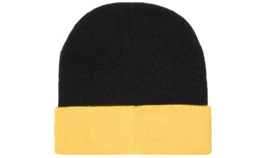 A black and yellow acrylic beanie with a folded cuff, featuring a logo.