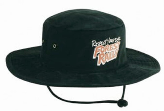 A black brushed heavy cotton hat with a wide brim and a chin strap, featuring a logo on the front.