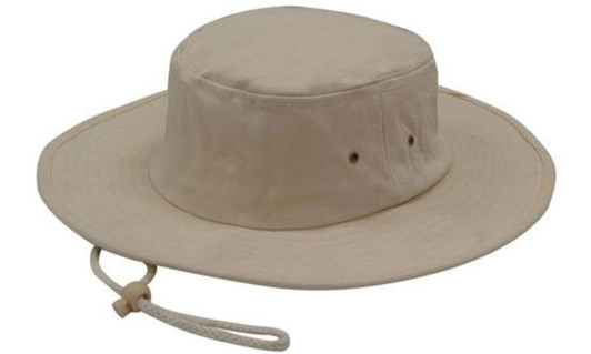 A beige brushed heavy cotton hat with a wide brim and adjustable chin strap. It features ventilation holes.