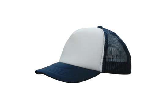 A trucker mesh cap featuring a white front panel and a navy blue peak with mesh sides.
