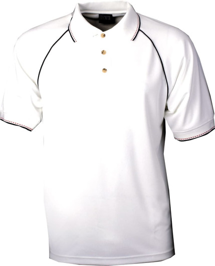 A white polo shirt featuring a collar, three buttons, and contrasting trim, with a logo on the chest.