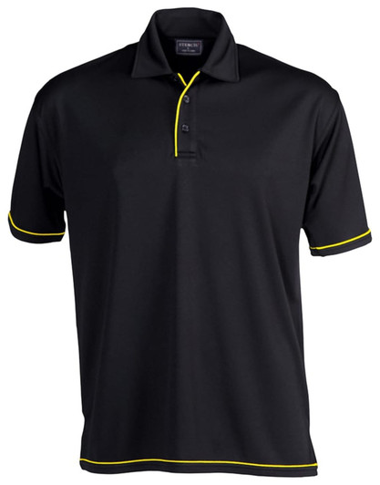 A black polo shirt with yellow piping and a collar. It features a button placket and has a logo on the chest.