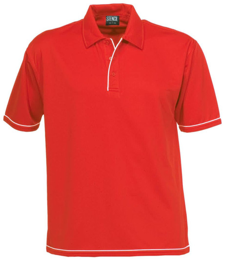 A red polo shirt featuring white trim and a collar. It has short sleeves and a logo on the inside collar.