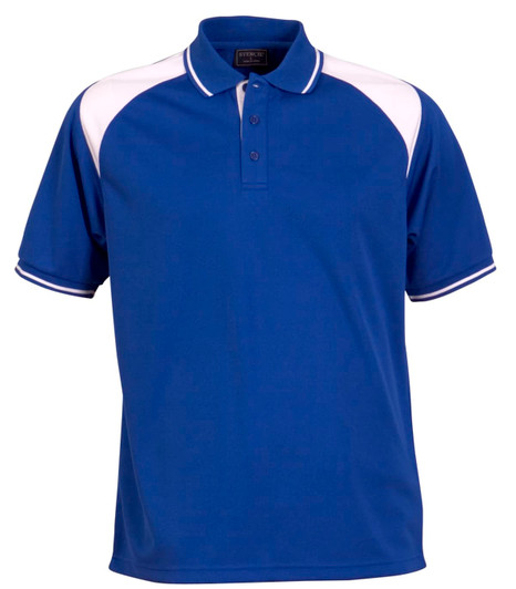 A blue polo shirt with white accent panels and a collar, featuring a logo on the upper left side.
