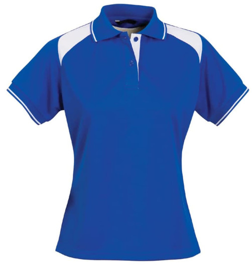 A blue ladies' polo shirt with white accents and a collar, featuring a logo.