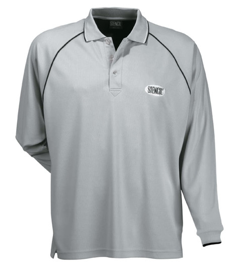 A light grey long-sleeve polo shirt with a contrasting seam and a logo on the chest.