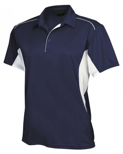 A navy blue polo shirt with white accents and a branding logo on the chest.