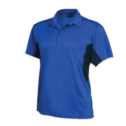 A blue polo shirt featuring short sleeves and a collared neck, with contrasting dark side panels and a logo.