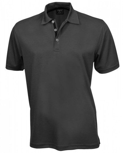 A dark grey polo shirt featuring a classic collar and three buttons, with a logo on the chest.