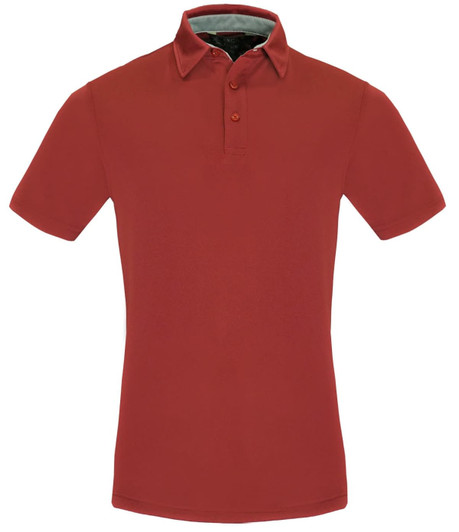 A red men's polo shirt with a classic collar and a logo on the chest area.